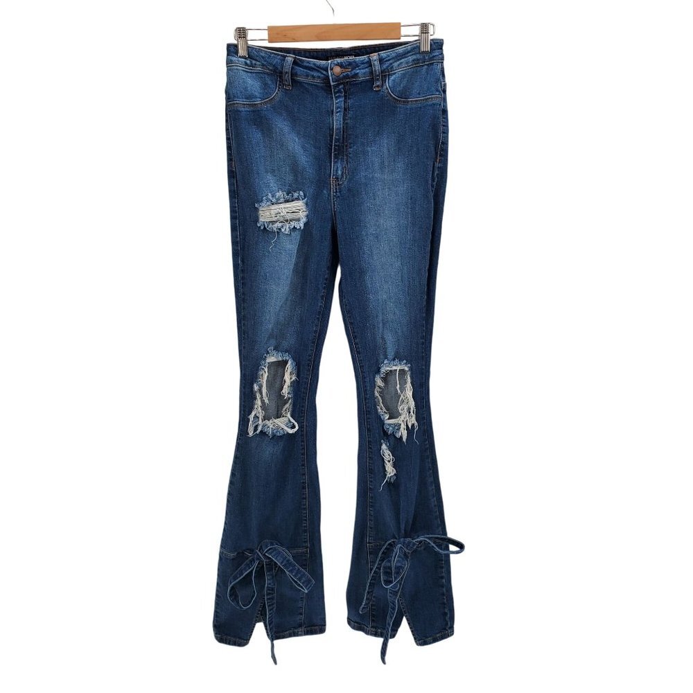 Fashion Nova Womens High Rise Bell Bottom Tie Flare‎ Jeans Size 13 Distressed